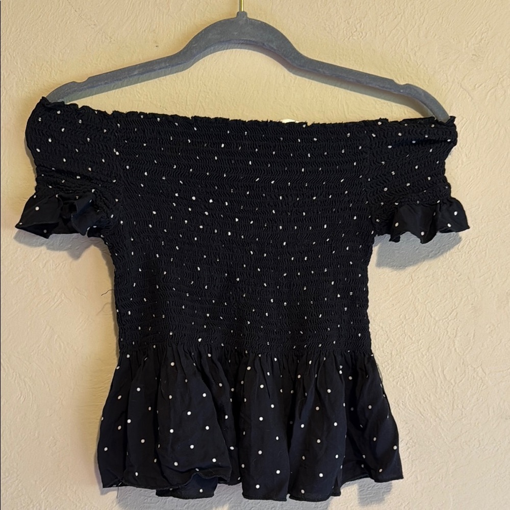 Japna Black Smocked Ruffled Peplum Blouse